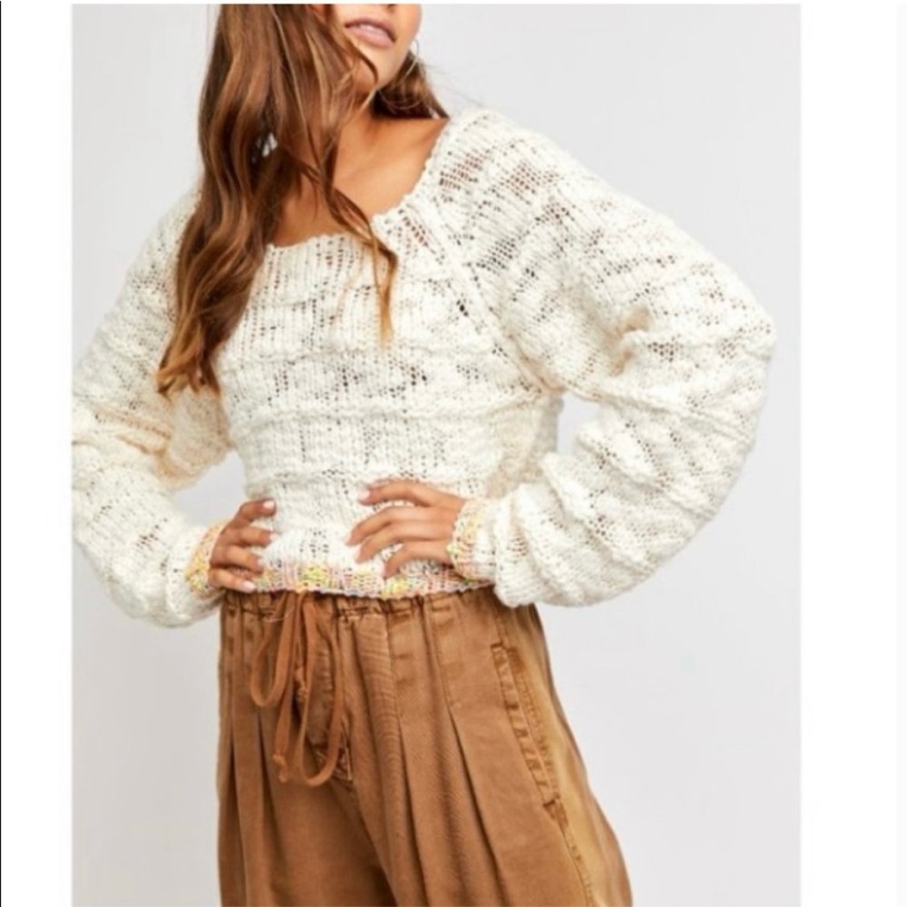 Free People Ivory West Palm Pullover Sweater with Colorful Trim Size XS
